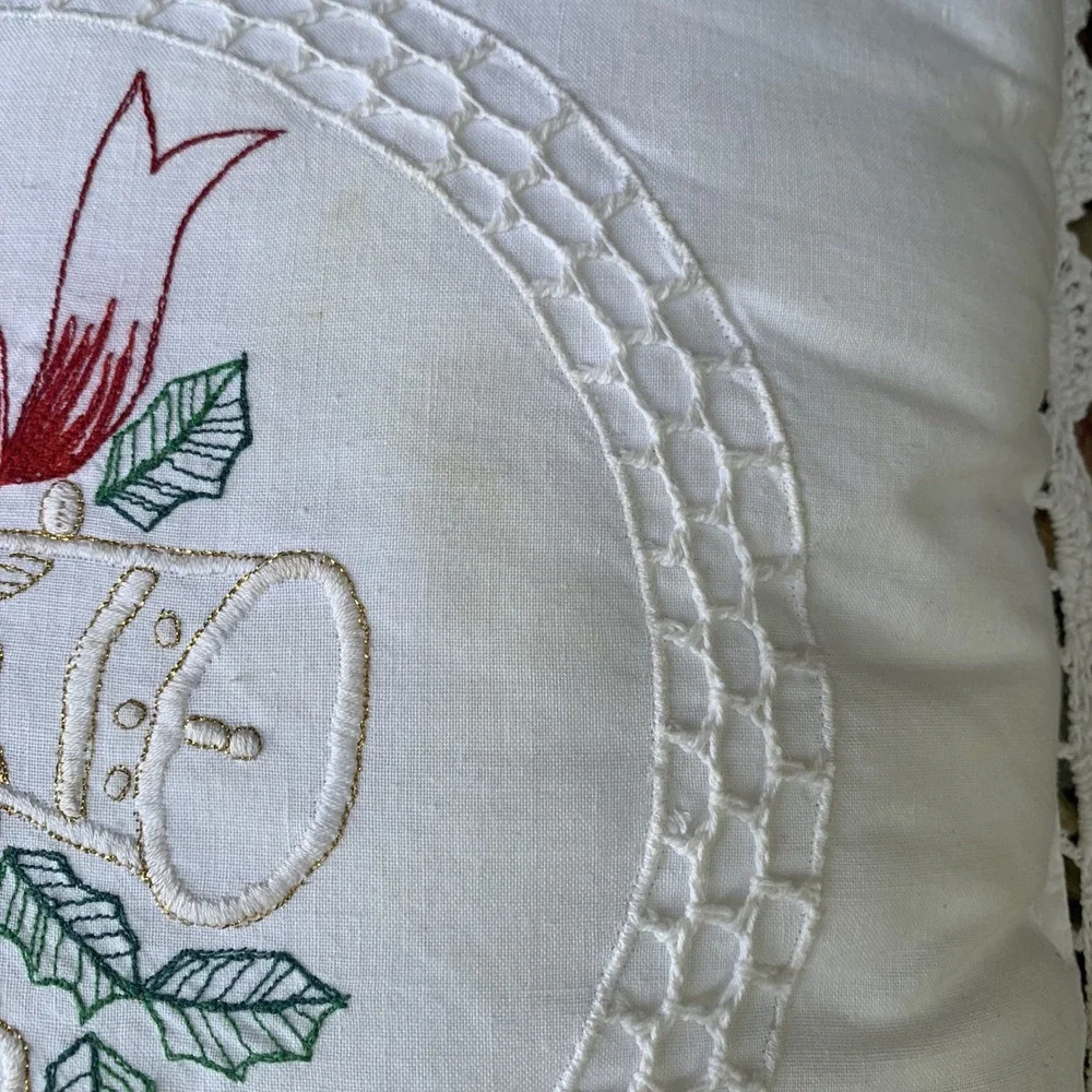 Vintage Christmas Bells Holly Embroidered‎ Decorative Pillow Lace Trim
